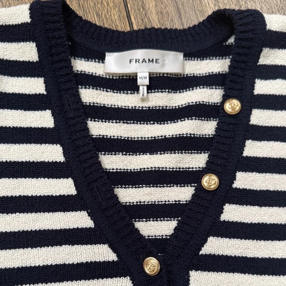 Frame Navy and White V-Neck Sweater with Gold Buttons - Picture 2 of 8